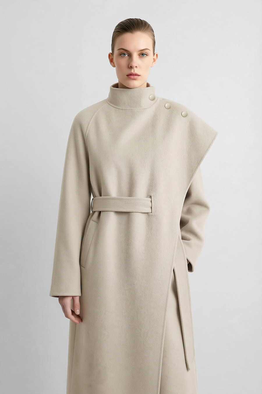 Belted Double-Faced Wool Coat with Stand Collar|AMII