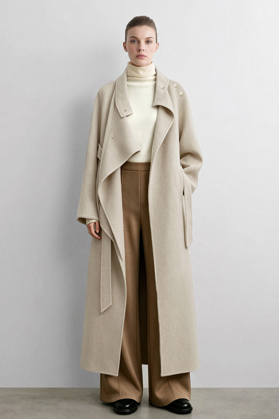 Belted Double-Faced Wool Coat with Stand Collar|AMII