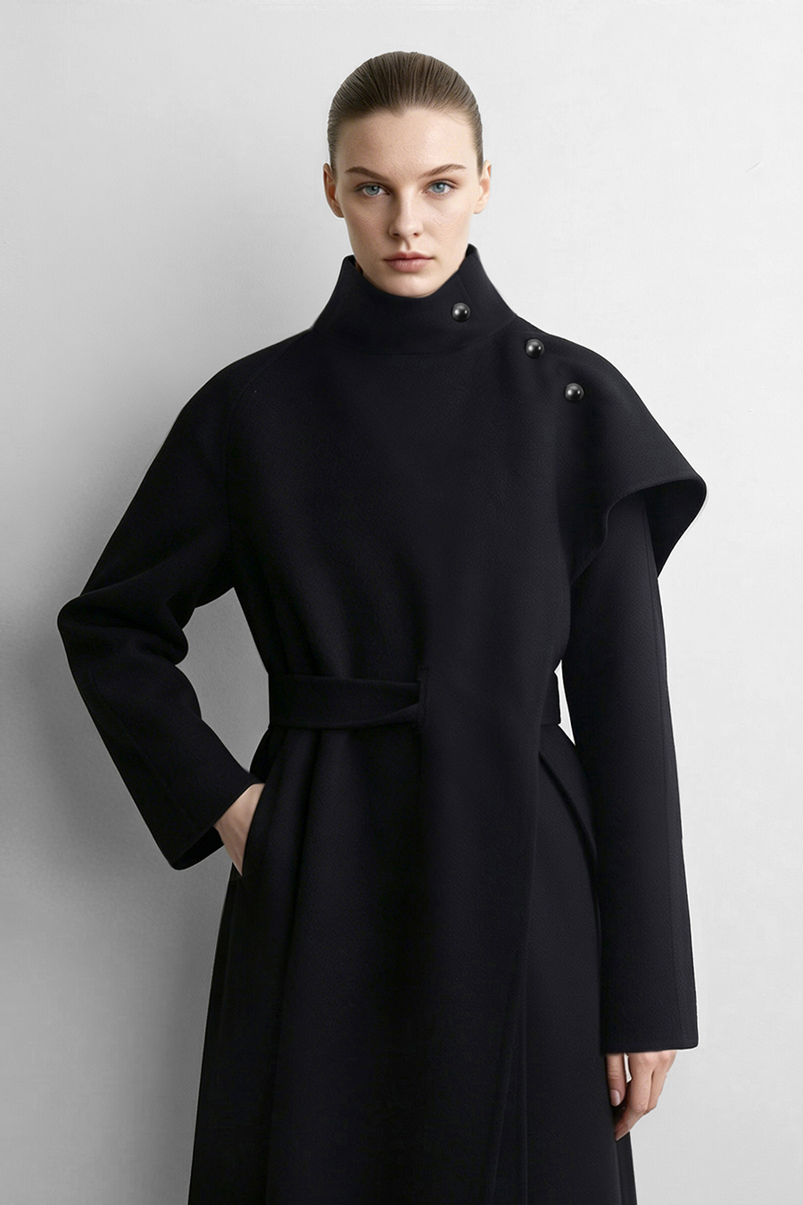 Belted Double-Faced Wool Coat with Stand Collar|AMII