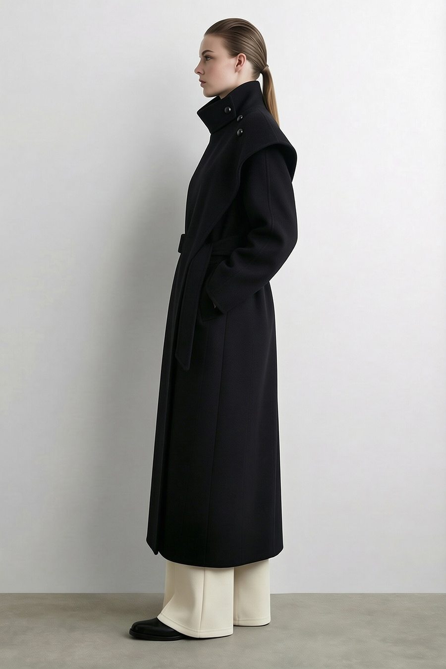 Belted Double-Faced Wool Coat with Stand Collar|AMII