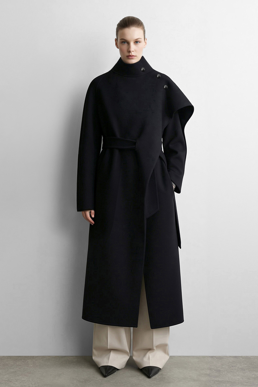 Belted Double-Faced Wool Coat with Stand Collar|AMII