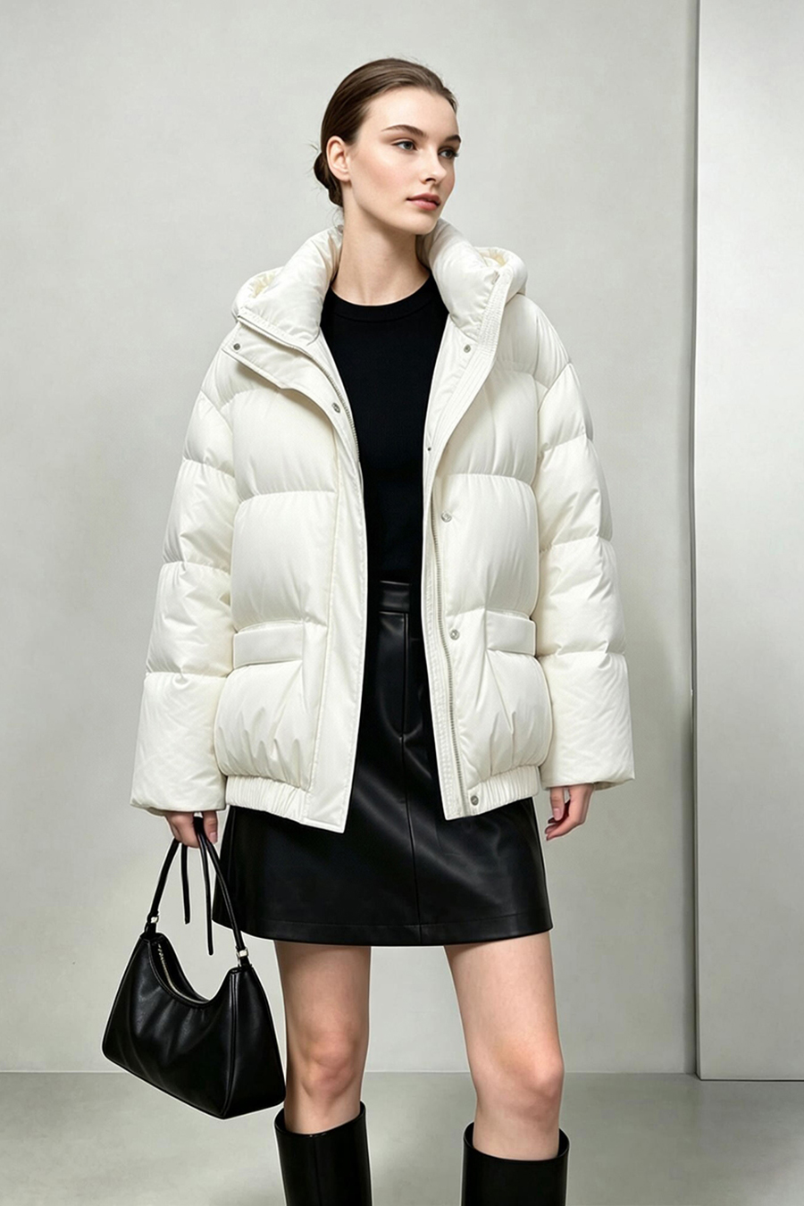 Hooded Down Jacket with Embossed Leather Patch|AMII