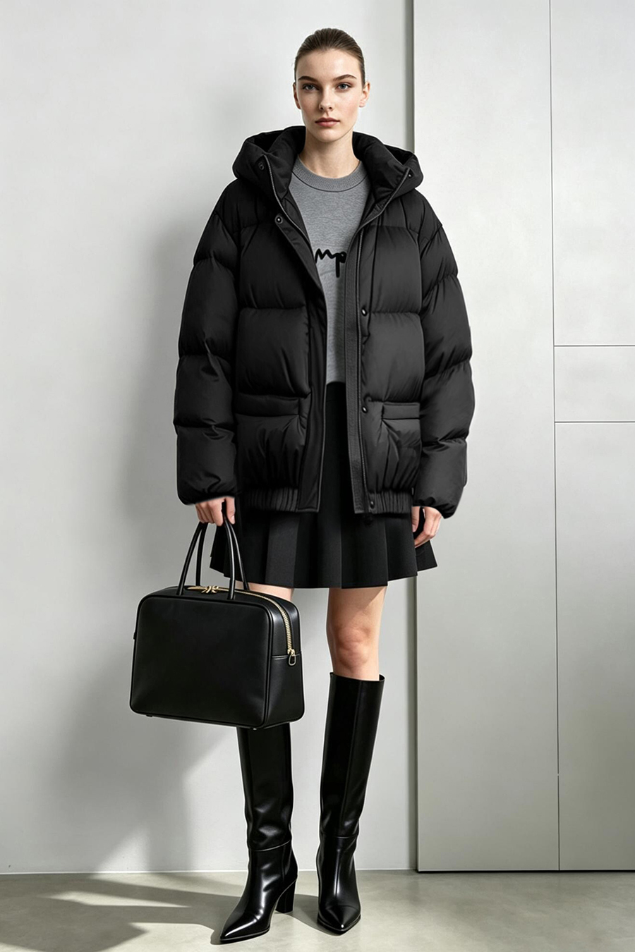 Hooded Down Jacket with Embossed Leather Patch|AMII
