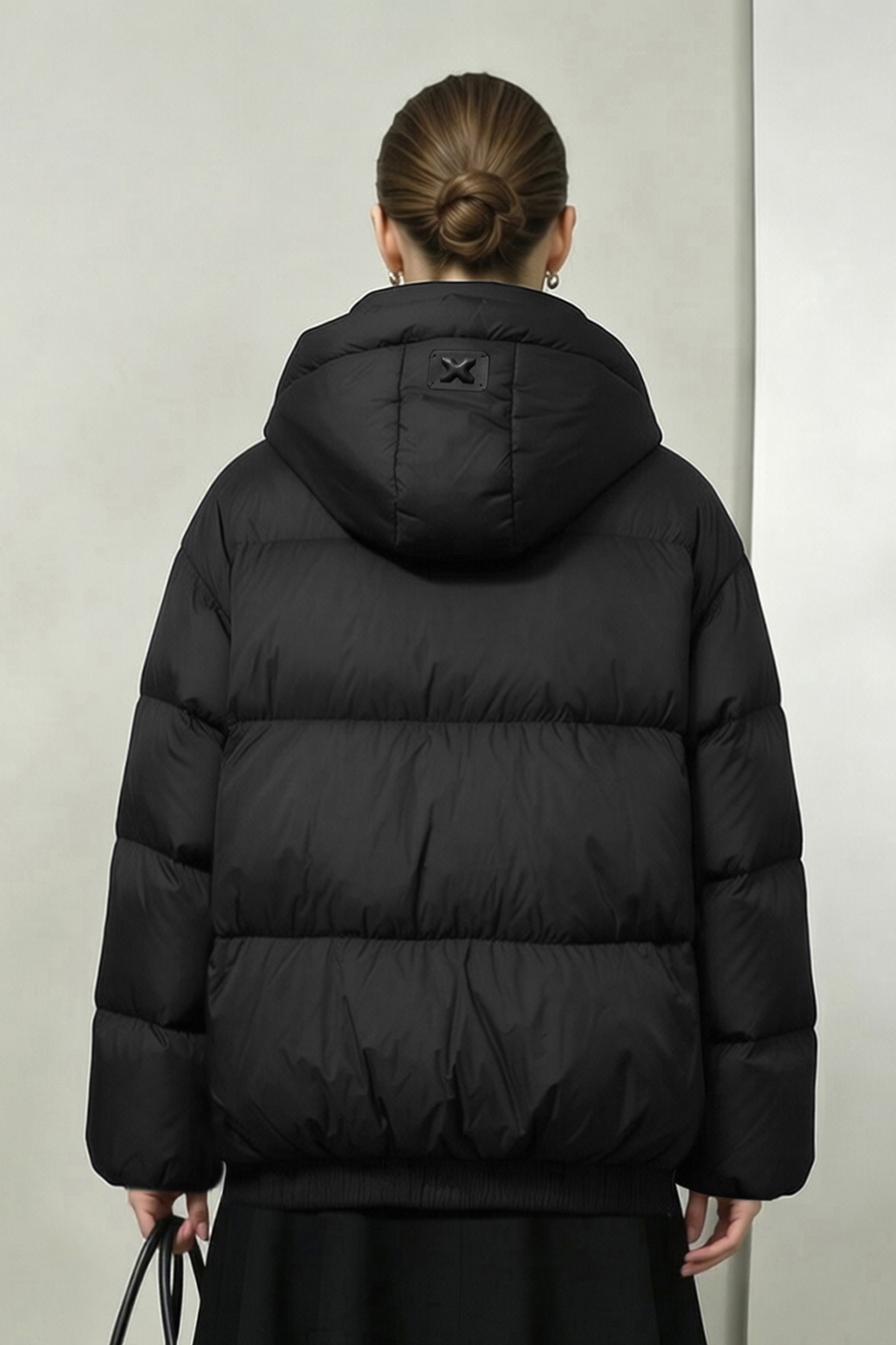 Hooded Down Jacket with Embossed Leather Patch|AMII