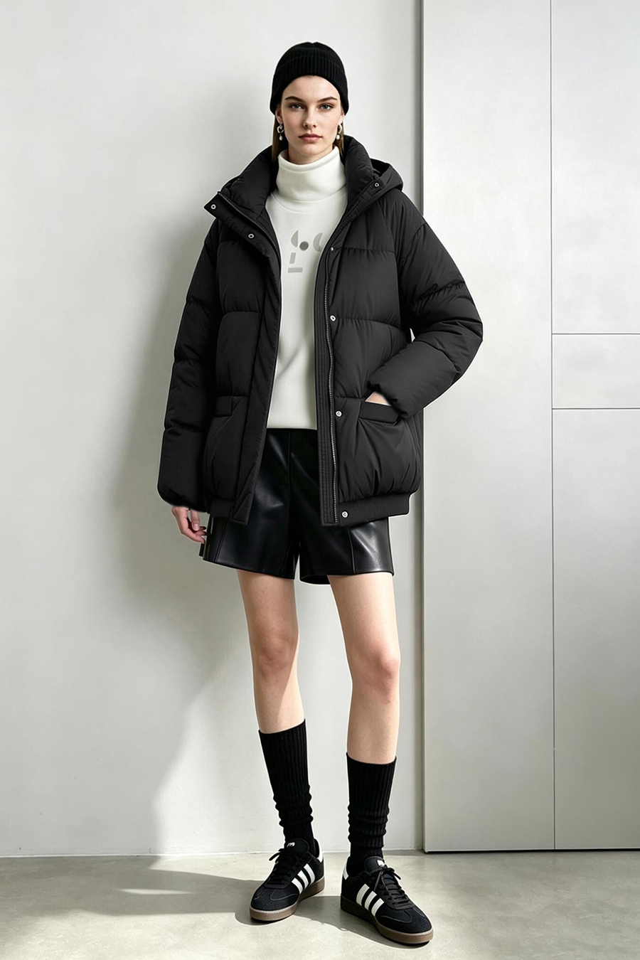 Hooded Down Jacket with Embossed Leather Patch|AMII