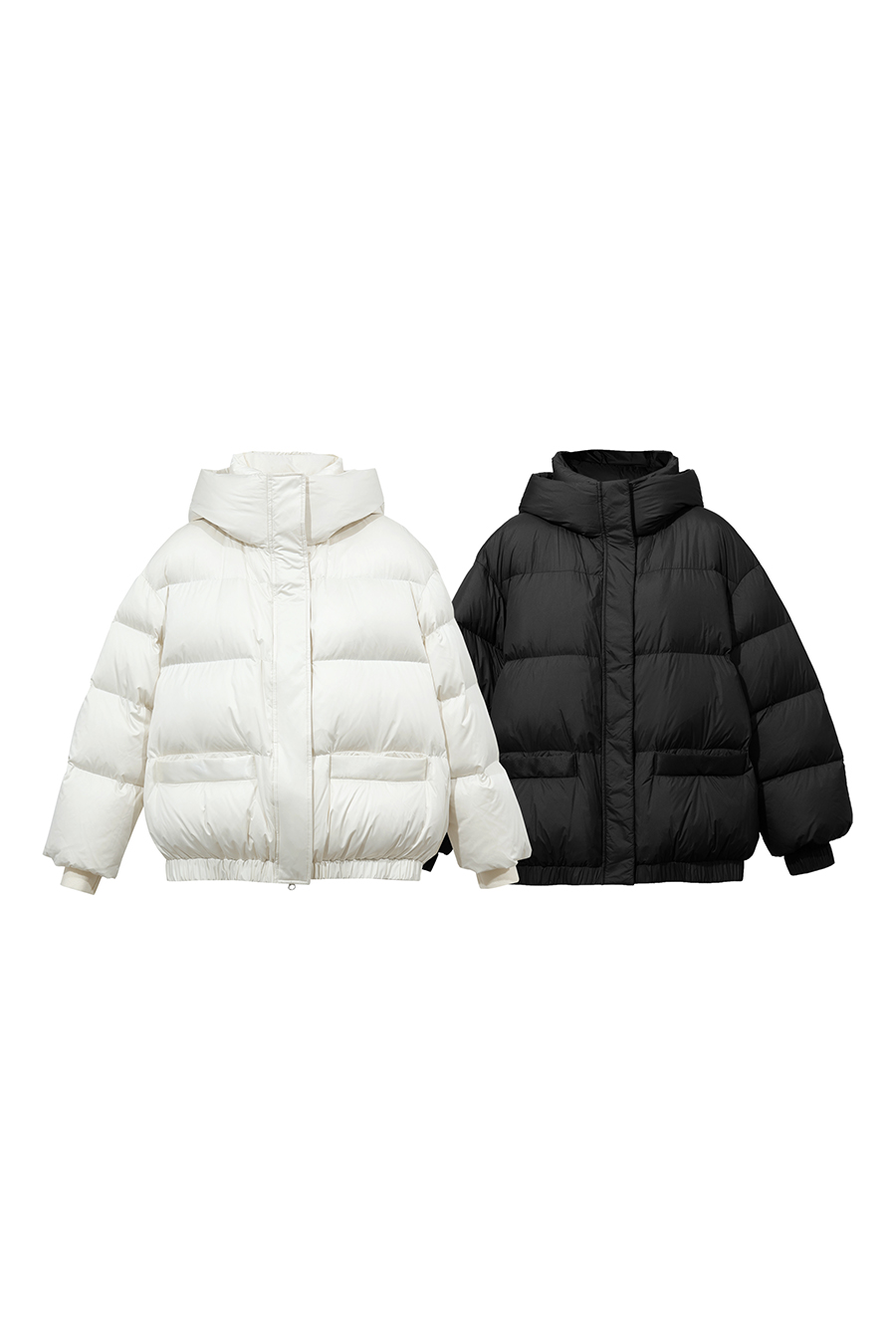Hooded Down Jacket with Embossed Leather Patch|AMII