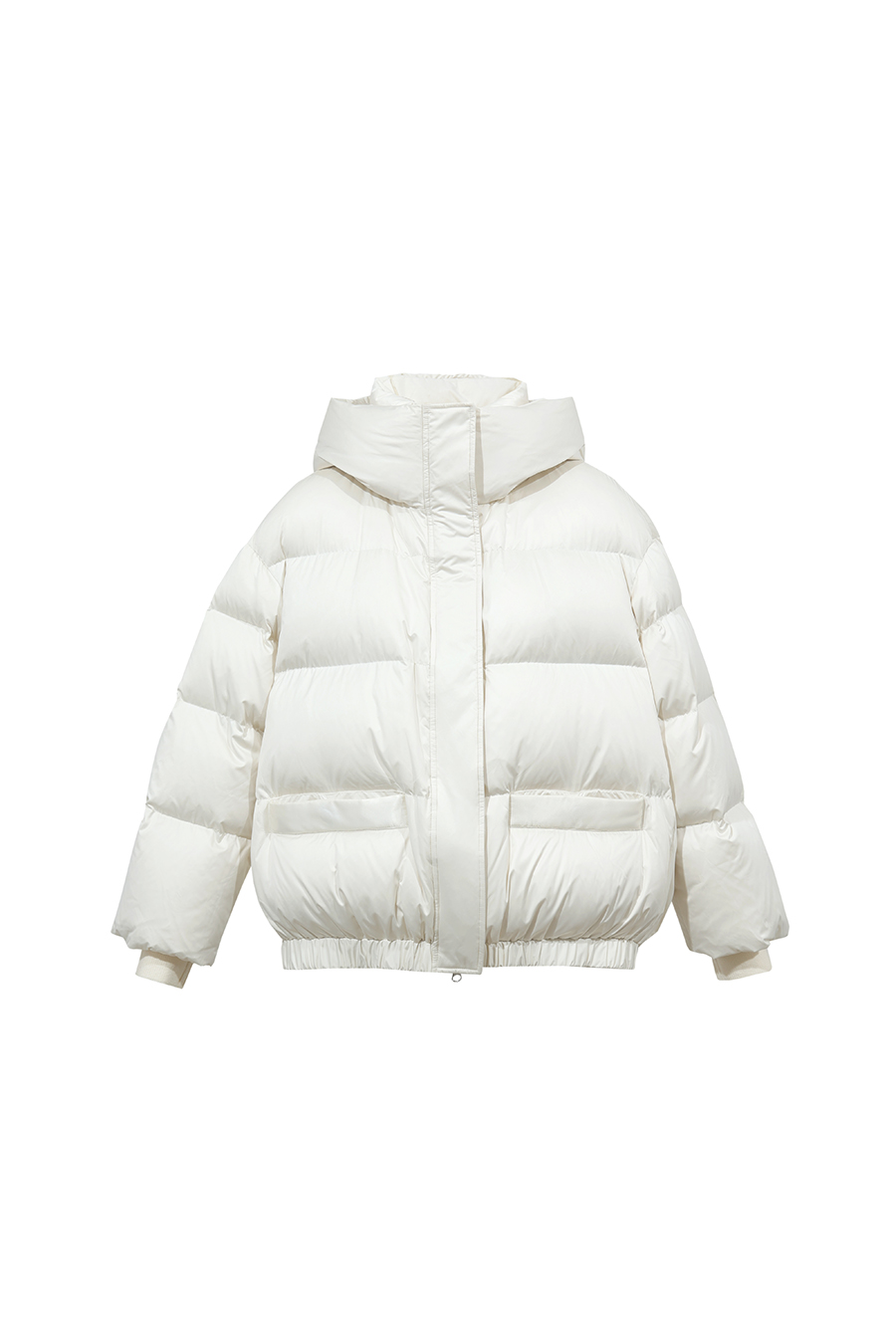 Hooded Down Jacket with Embossed Leather Patch|AMII