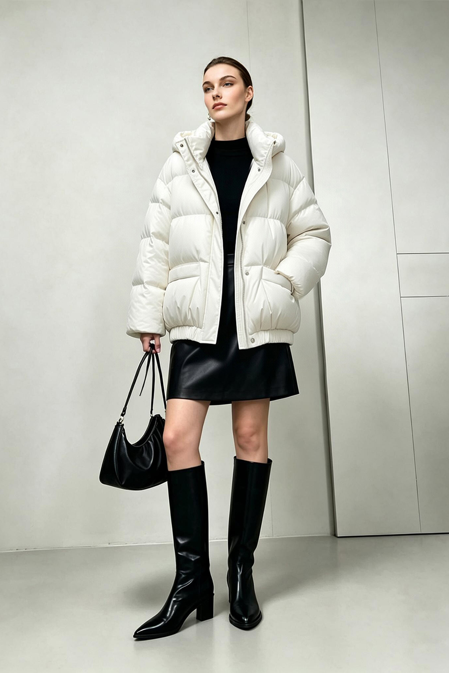 Hooded Down Jacket with Embossed Leather Patch|AMII