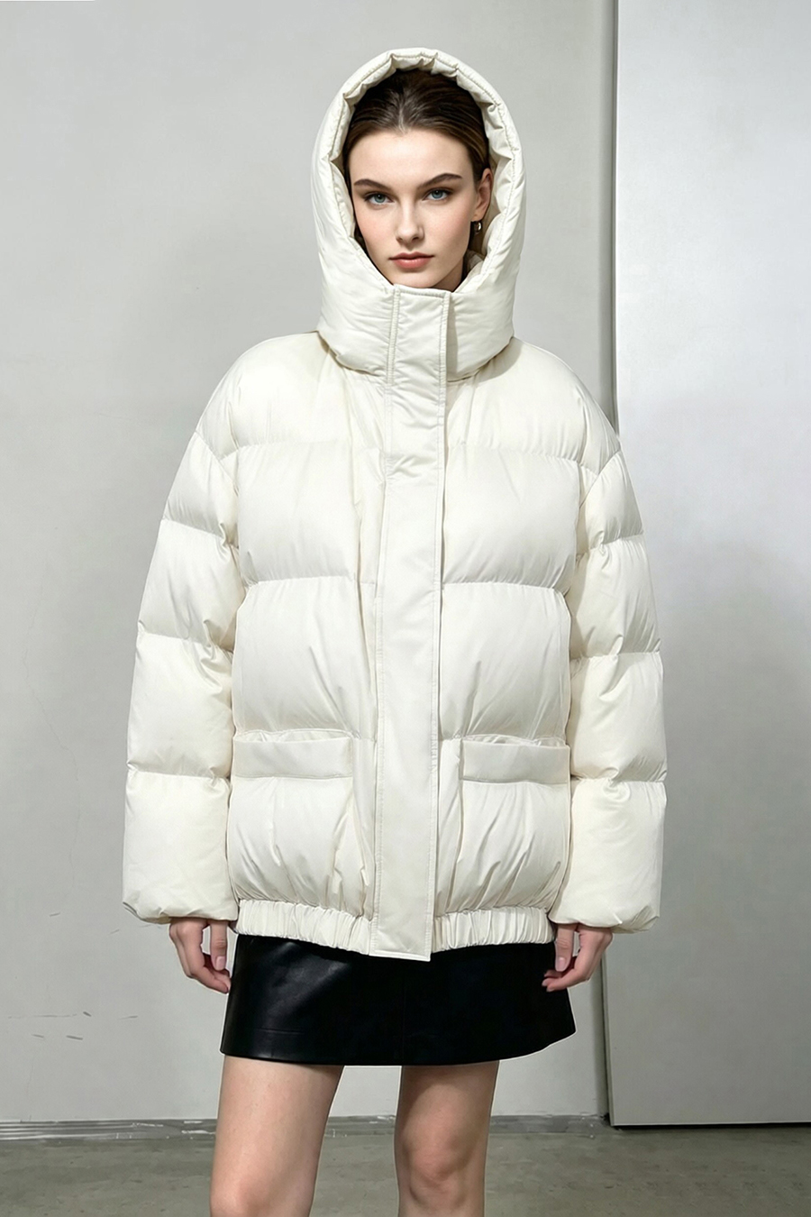 Hooded Down Jacket with Embossed Leather Patch|AMII