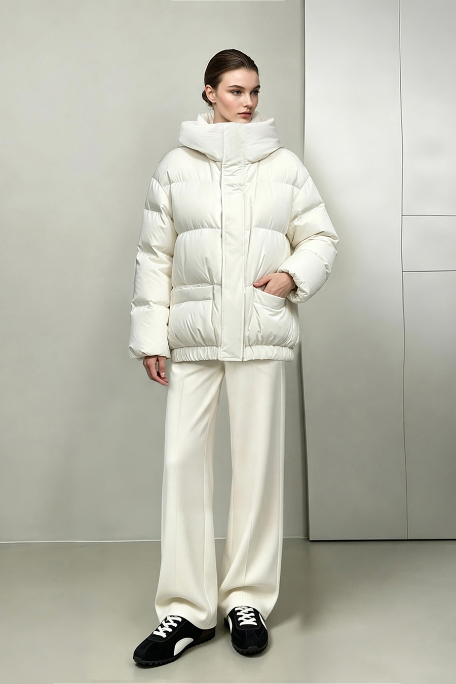 Hooded Down Jacket with Embossed Leather Patch|AMII