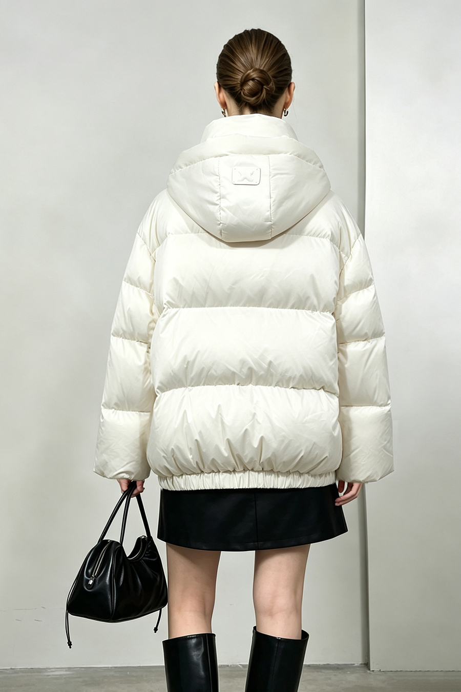 Hooded Down Jacket with Embossed Leather Patch|AMII