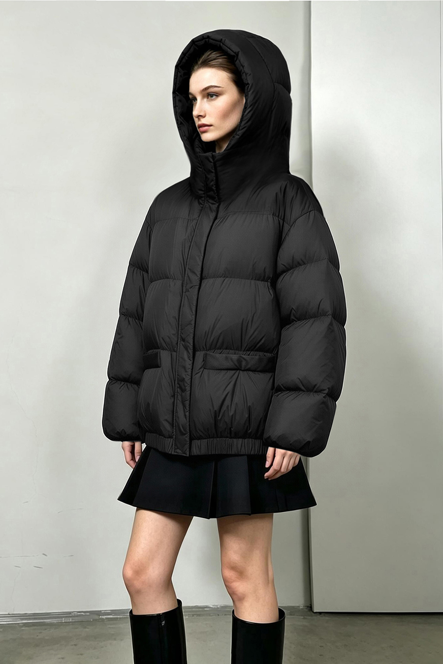 Hooded Down Jacket with Embossed Leather Patch|AMII