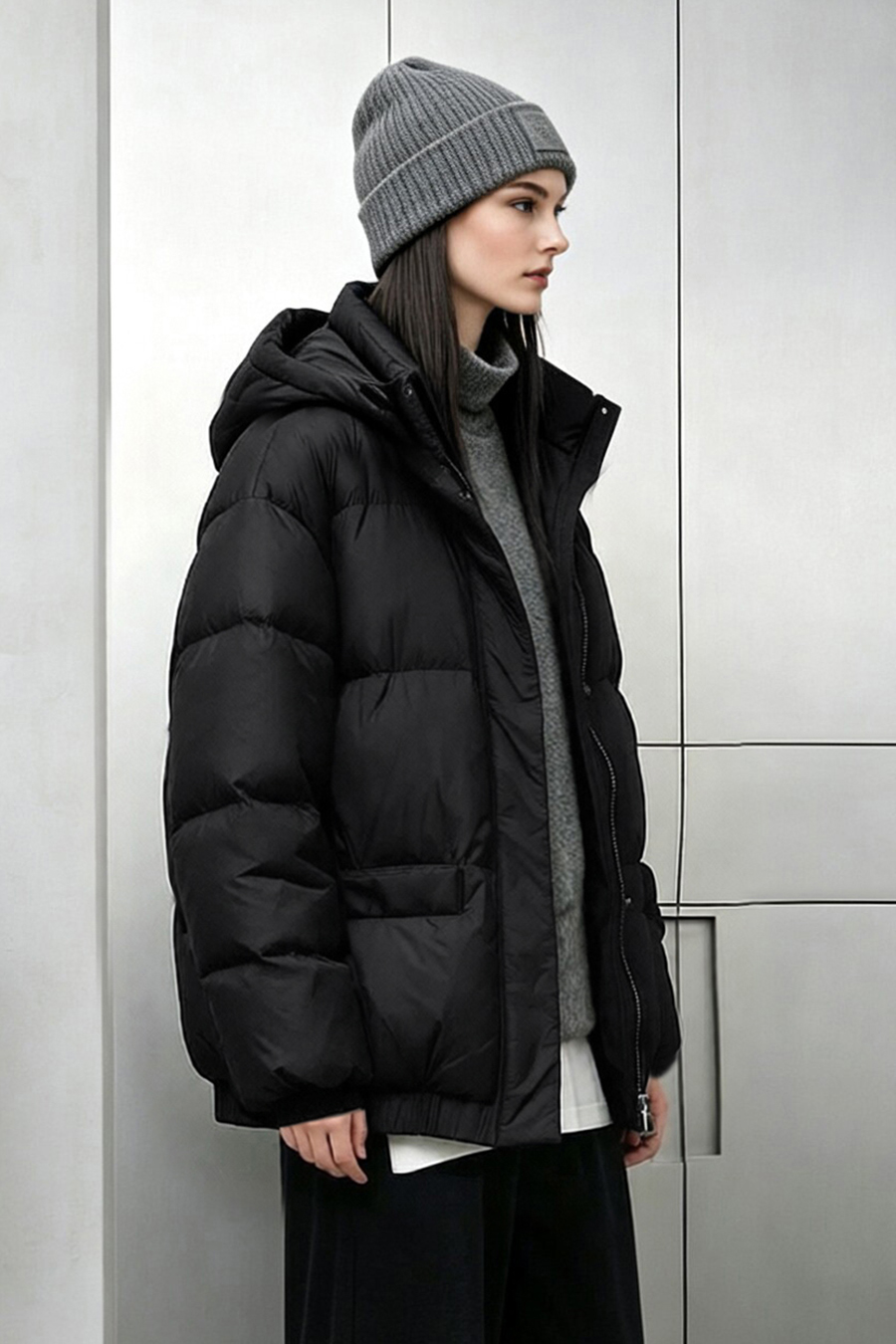 Hooded Down Jacket with Embossed Leather Patch|AMII