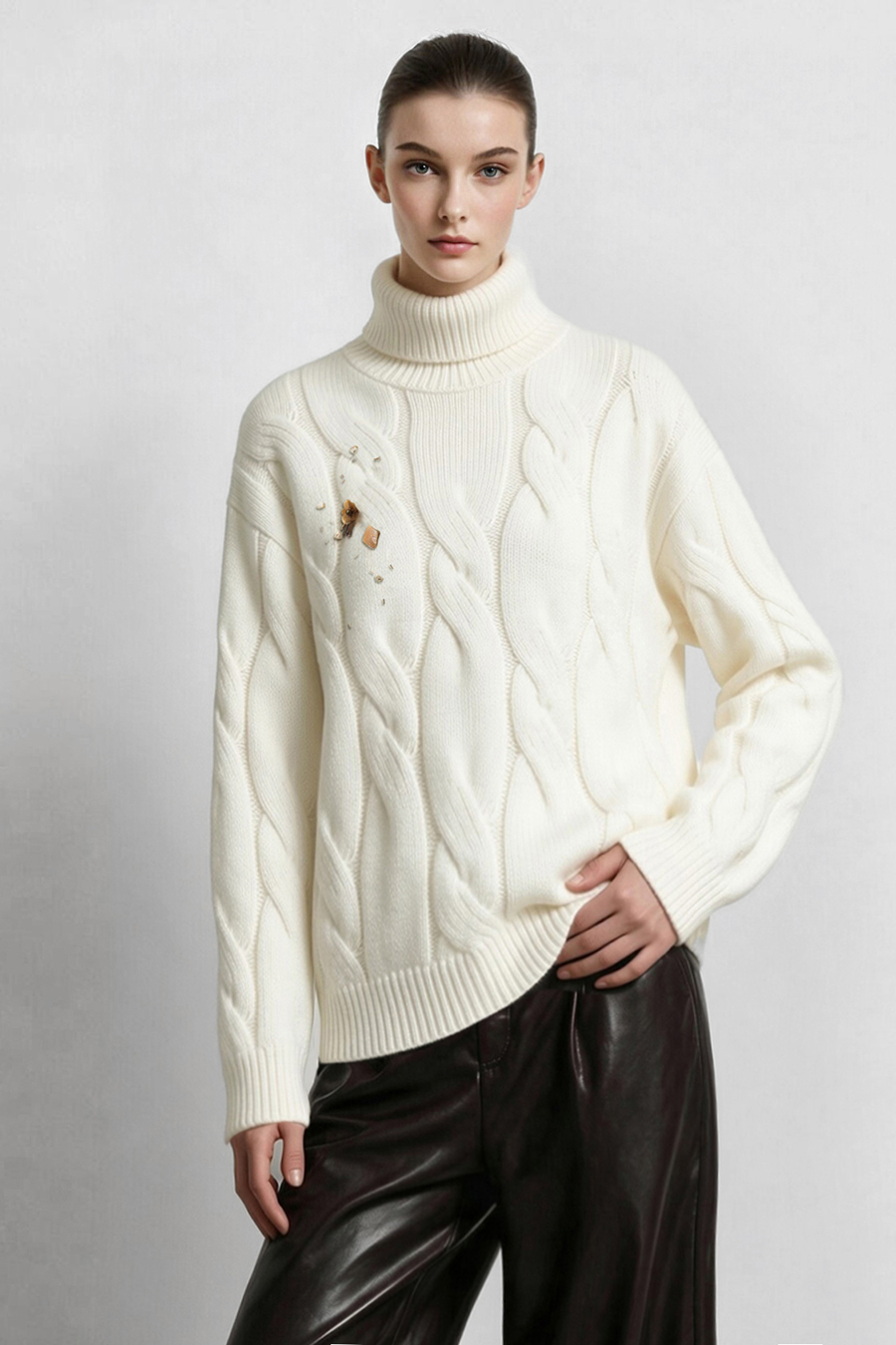 Bead-Embellished Floral Knit Sweater|AMII