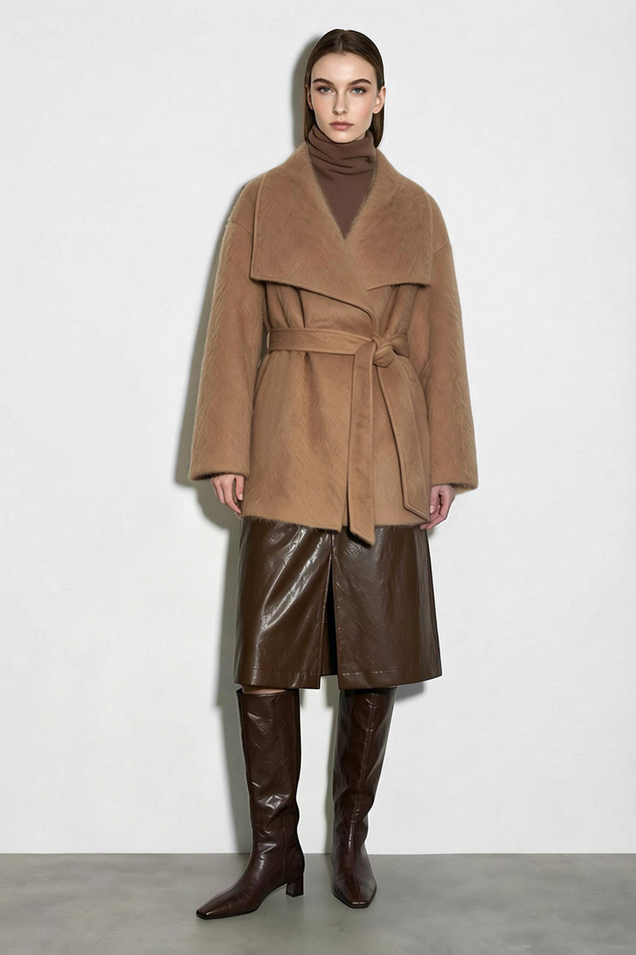 Belted Wool Coat with Lapel Collar|AMII