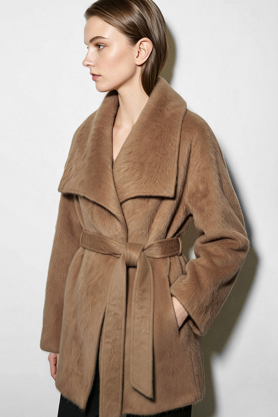 Belted Wool Coat with Lapel Collar|AMII