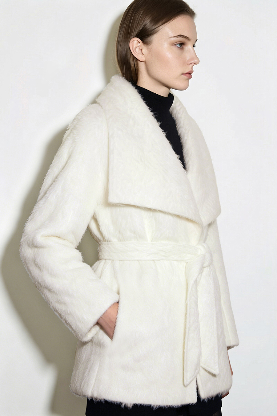 Belted Wool Coat with Lapel Collar|AMII