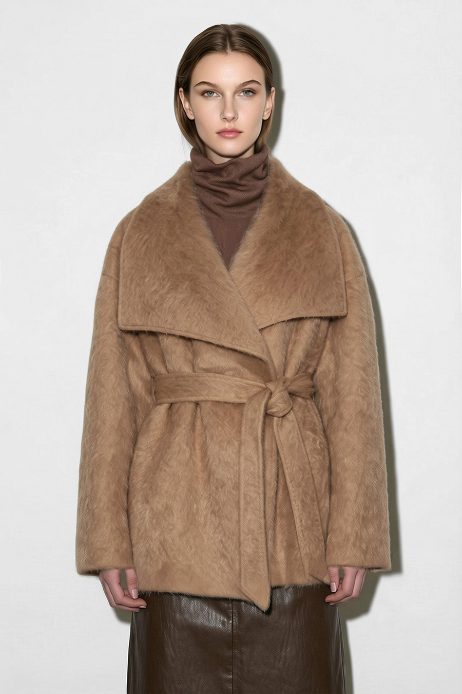 Belted Wool Coat with Lapel Collar|AMII