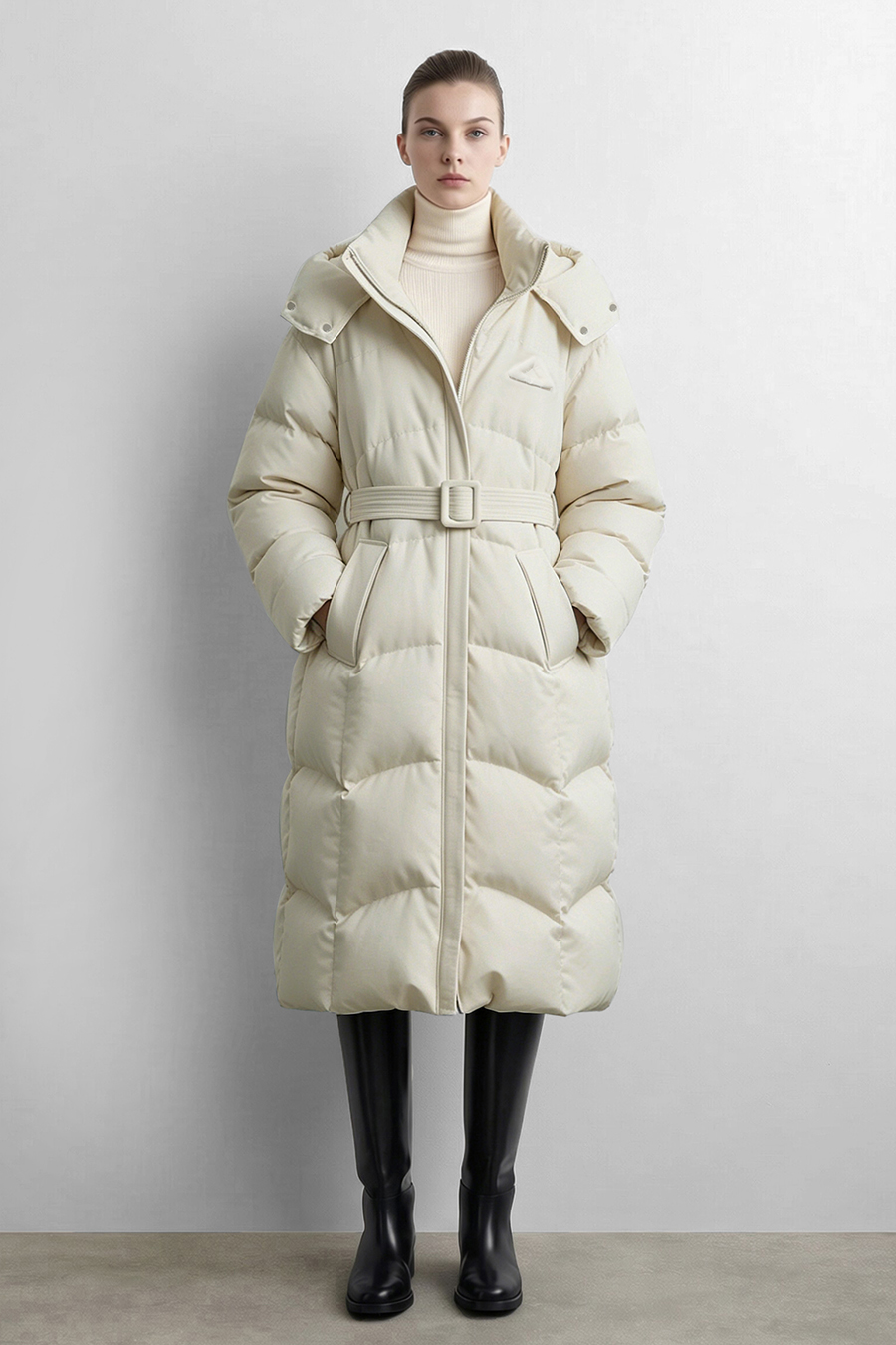 Hooded Belted Down Jacket|AMII