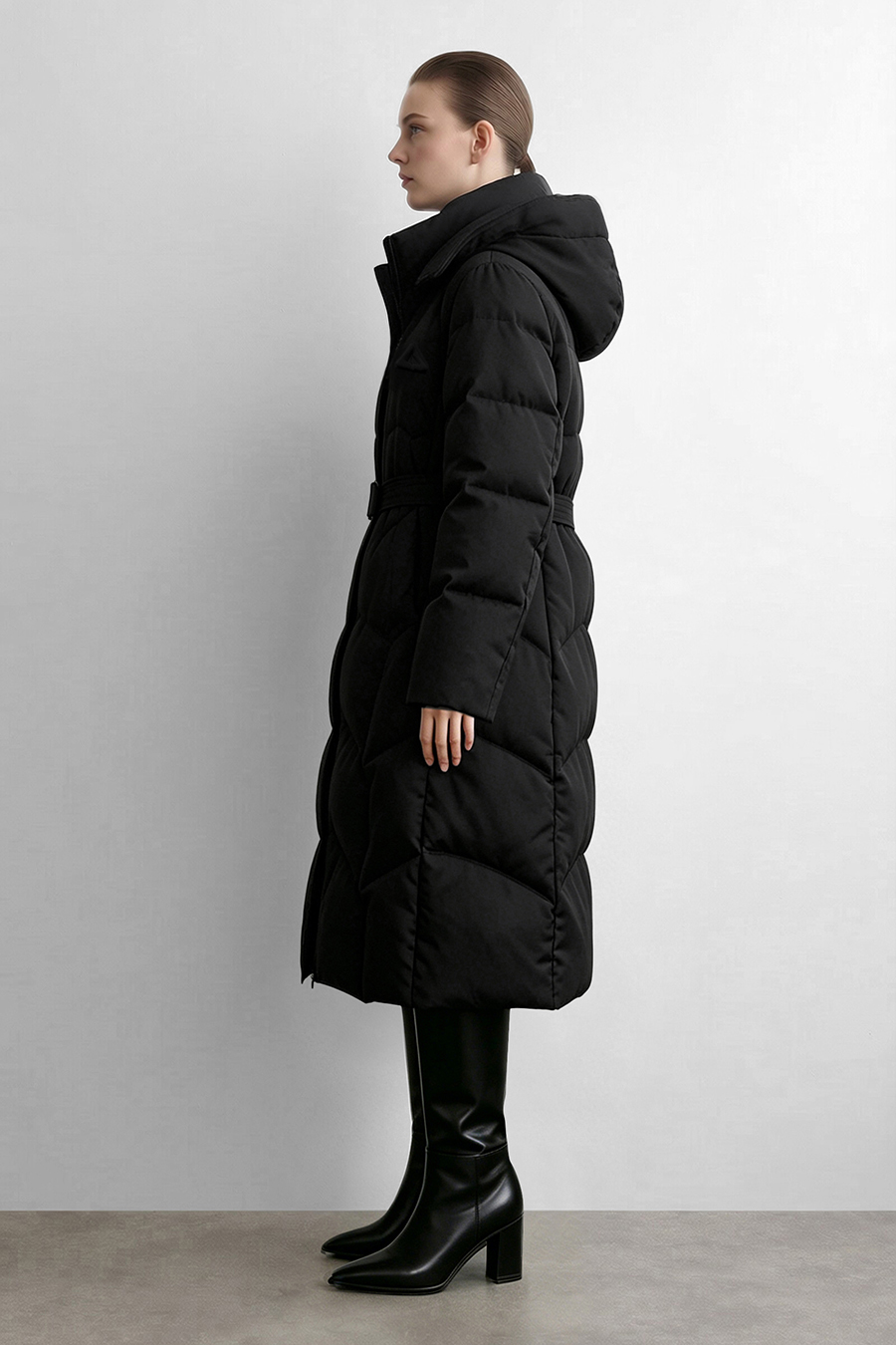 Hooded Belted Down Jacket|AMII