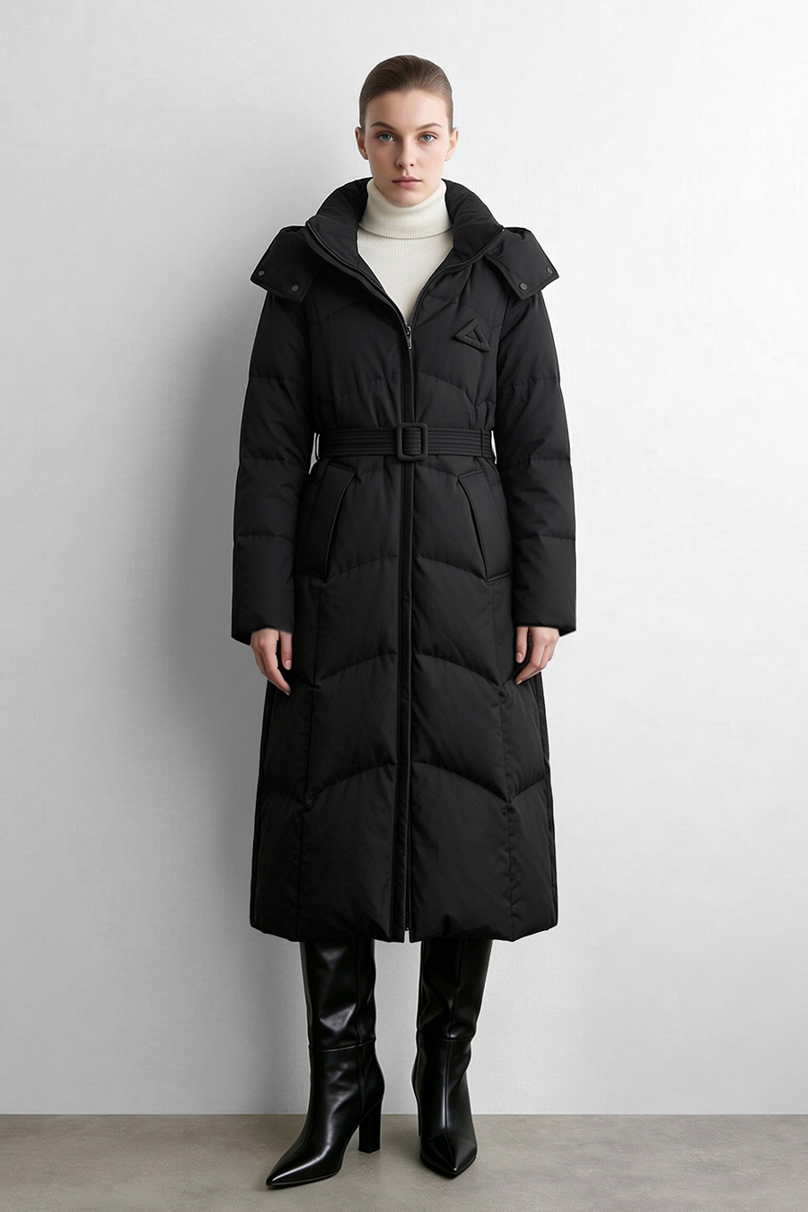 Hooded Belted Down Jacket|AMII