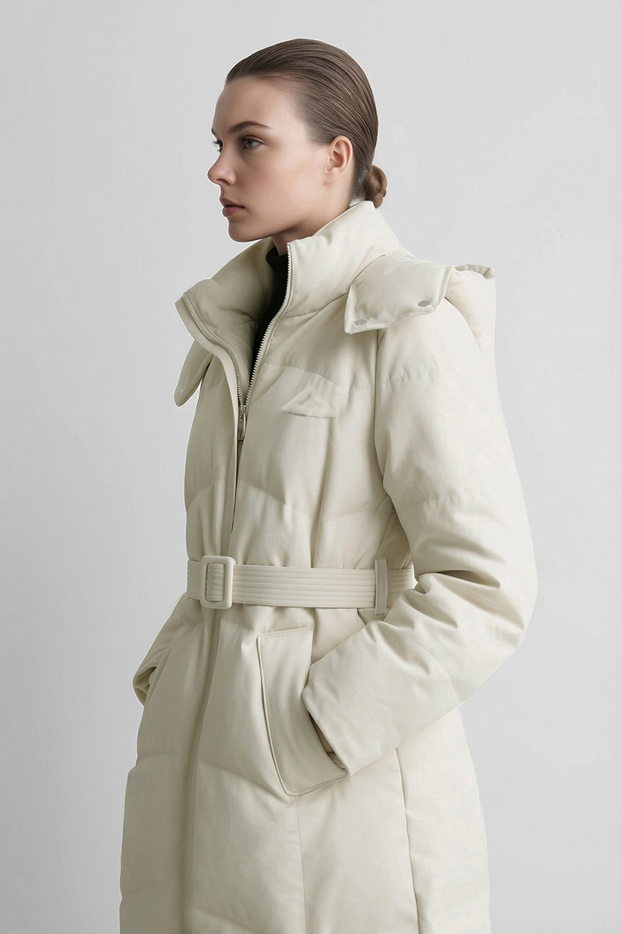Hooded Belted Down Jacket|AMII