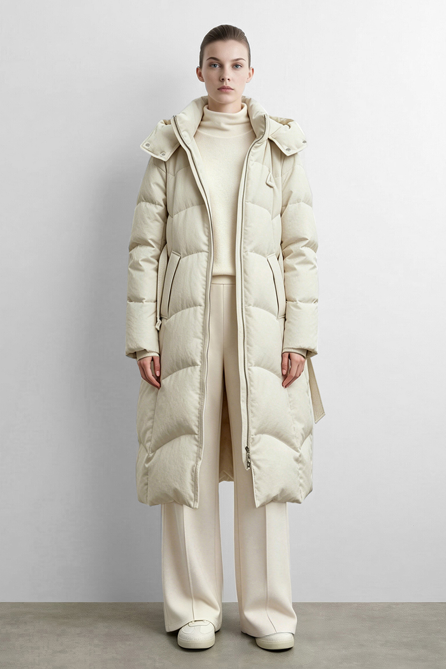 Hooded Belted Down Jacket|AMII