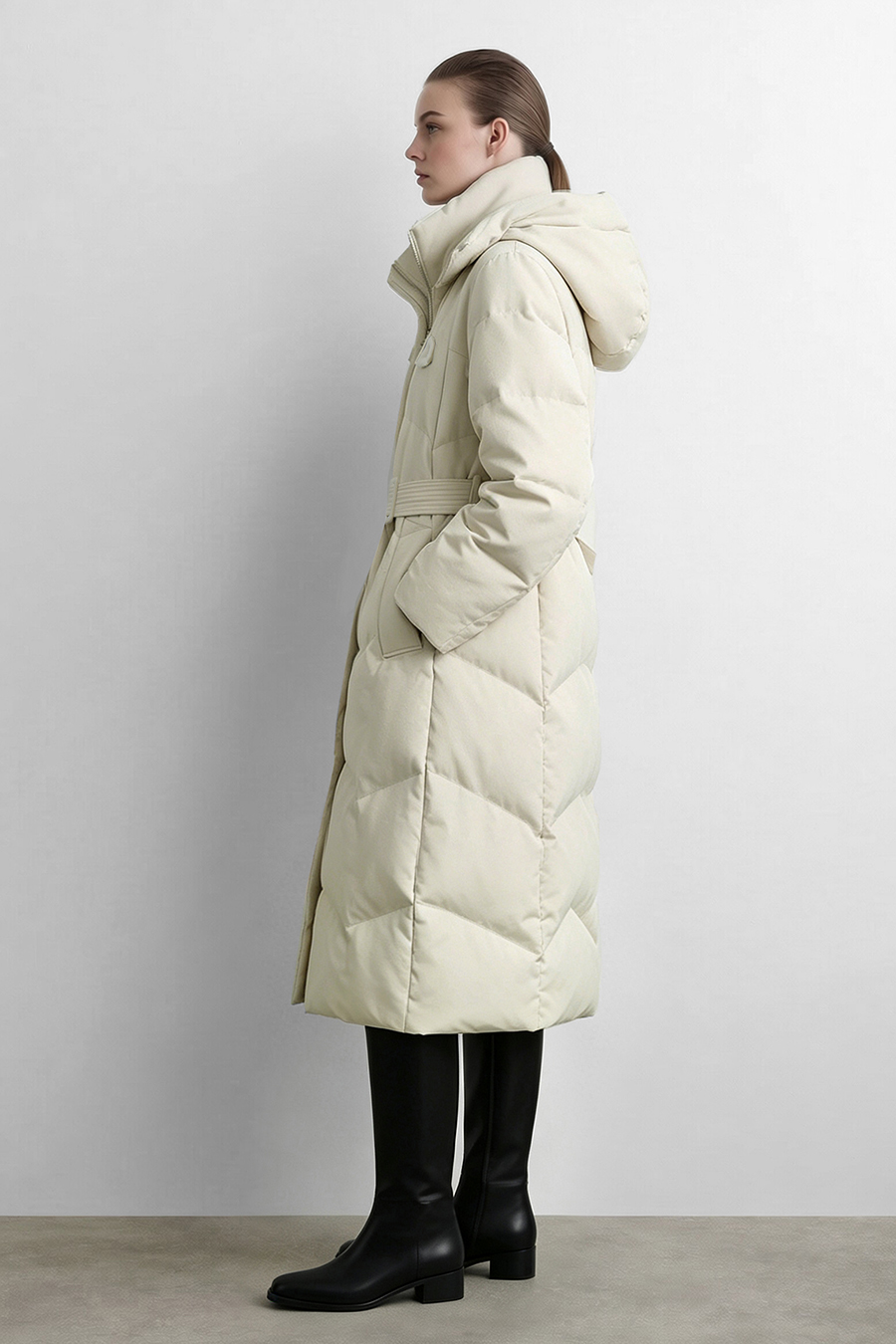 Hooded Belted Down Jacket|AMII