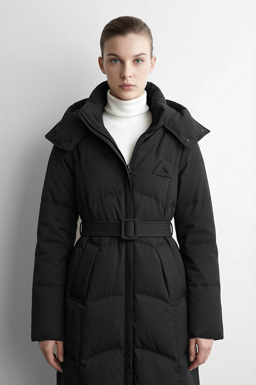 Hooded Belted Down Jacket|AMII