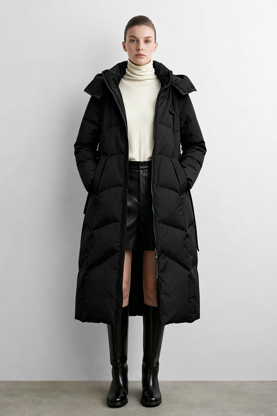 Hooded Belted Down Jacket|AMII