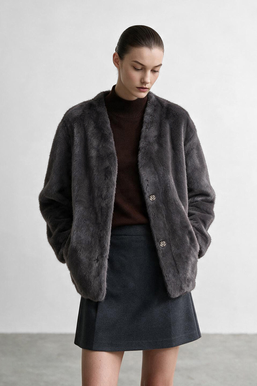 Light Luxury V-Neck Eco Fur Coat|AMII