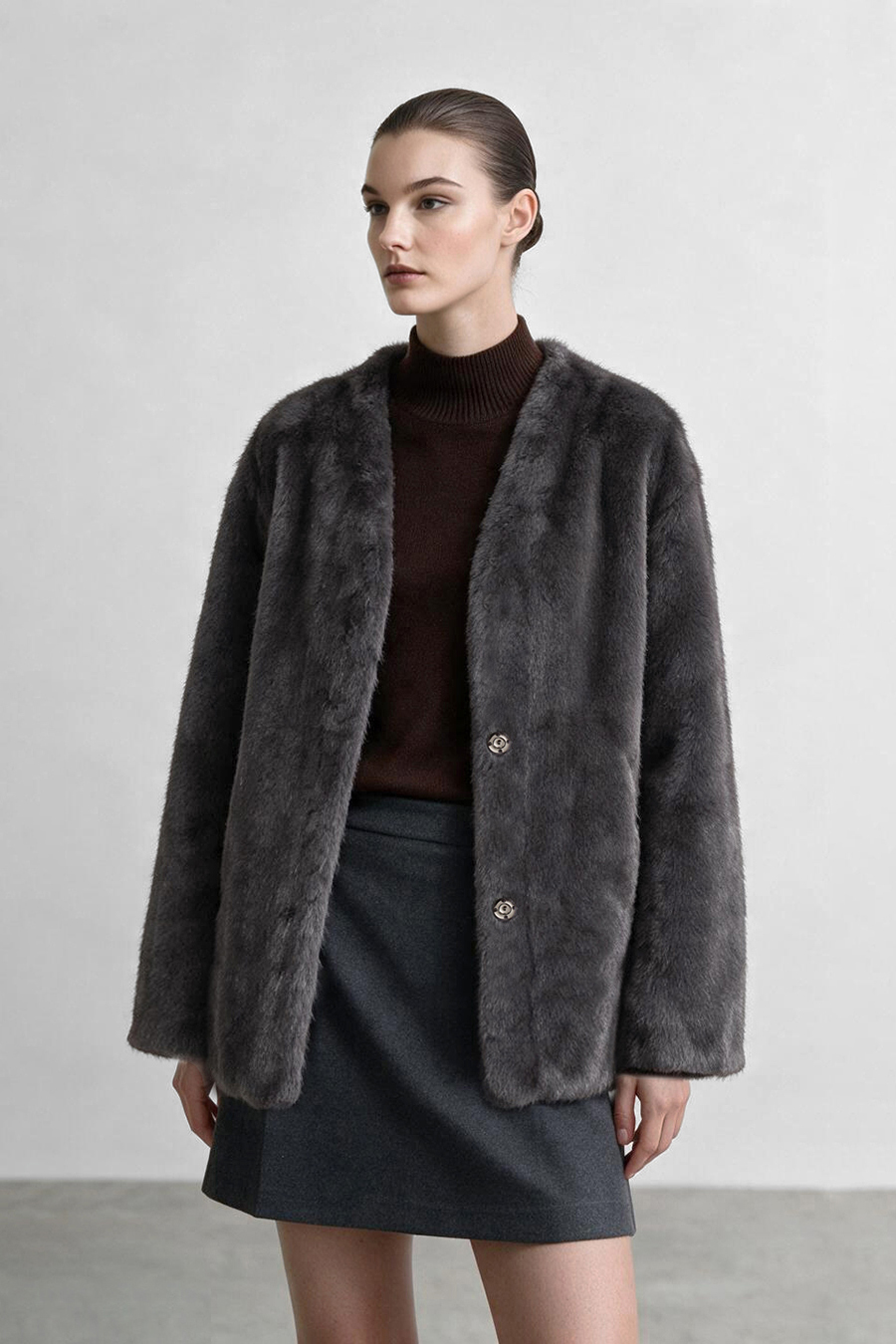 Light Luxury V-Neck Eco Fur Coat|AMII