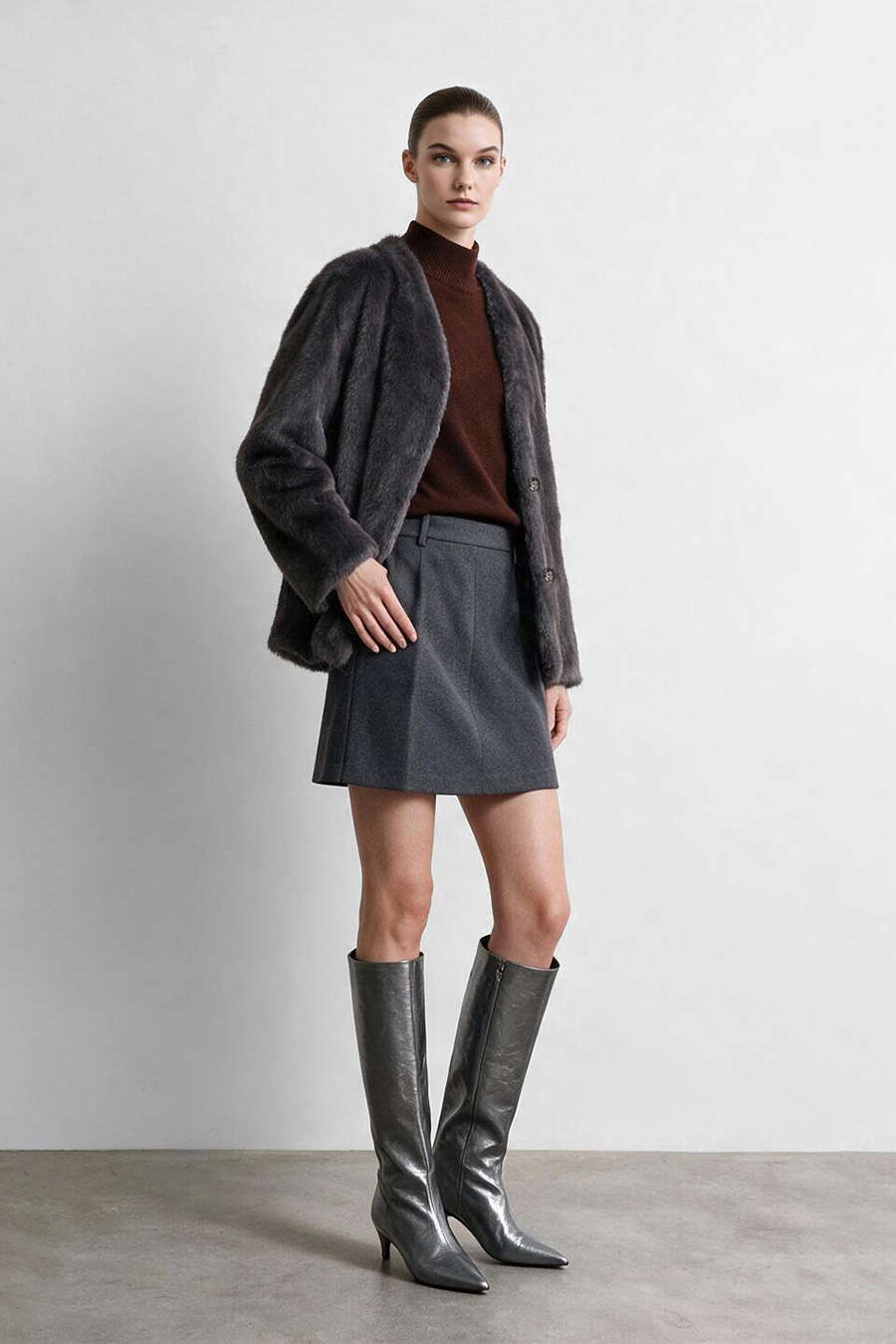 Light Luxury V-Neck Eco Fur Coat|AMII