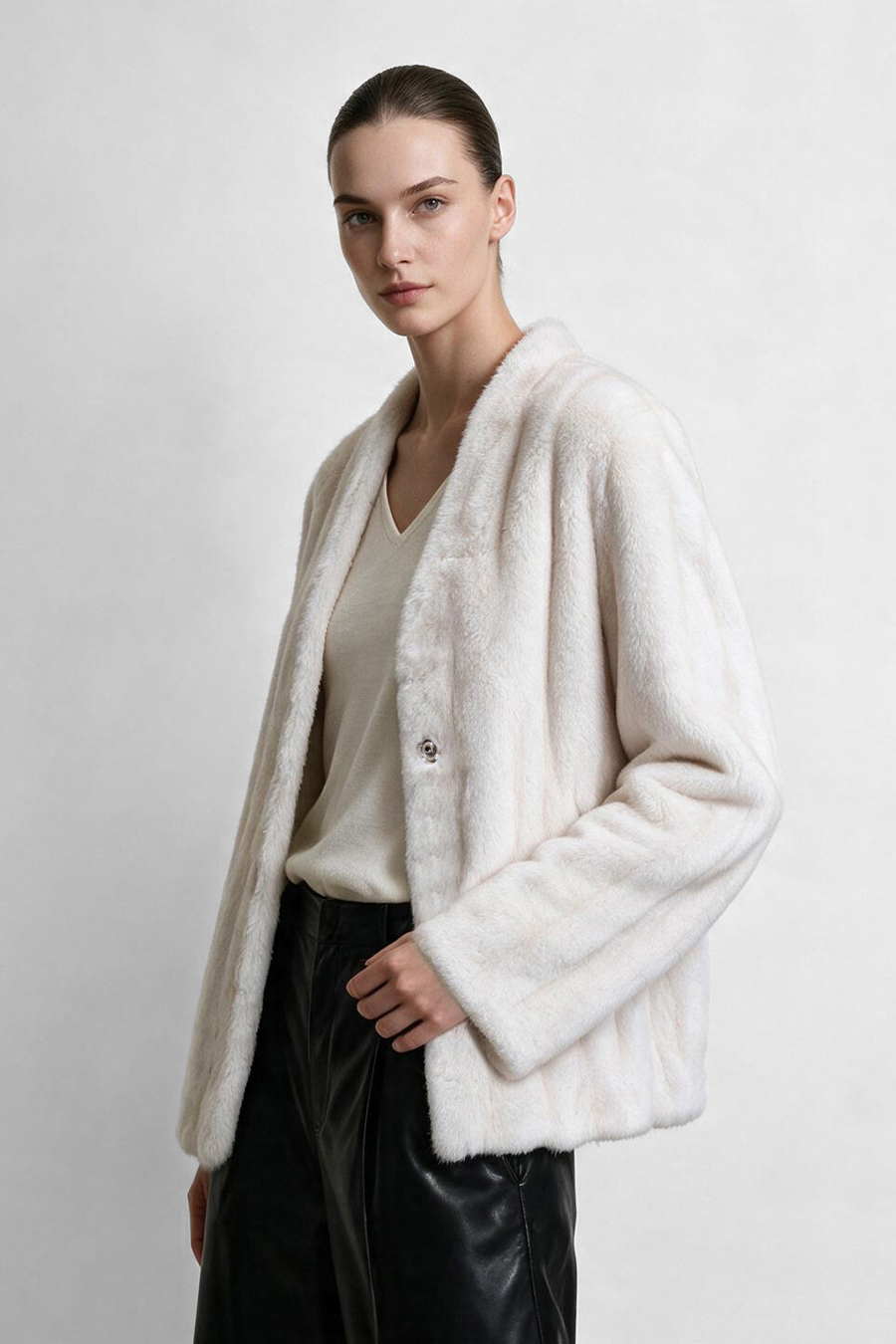 Light Luxury V-Neck Eco Fur Coat|AMII
