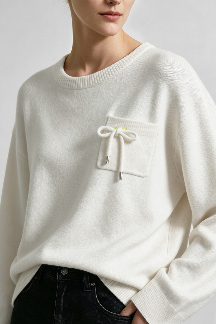 Drawstring Pocket Drop-Shoulder Knit Sweater|AMII