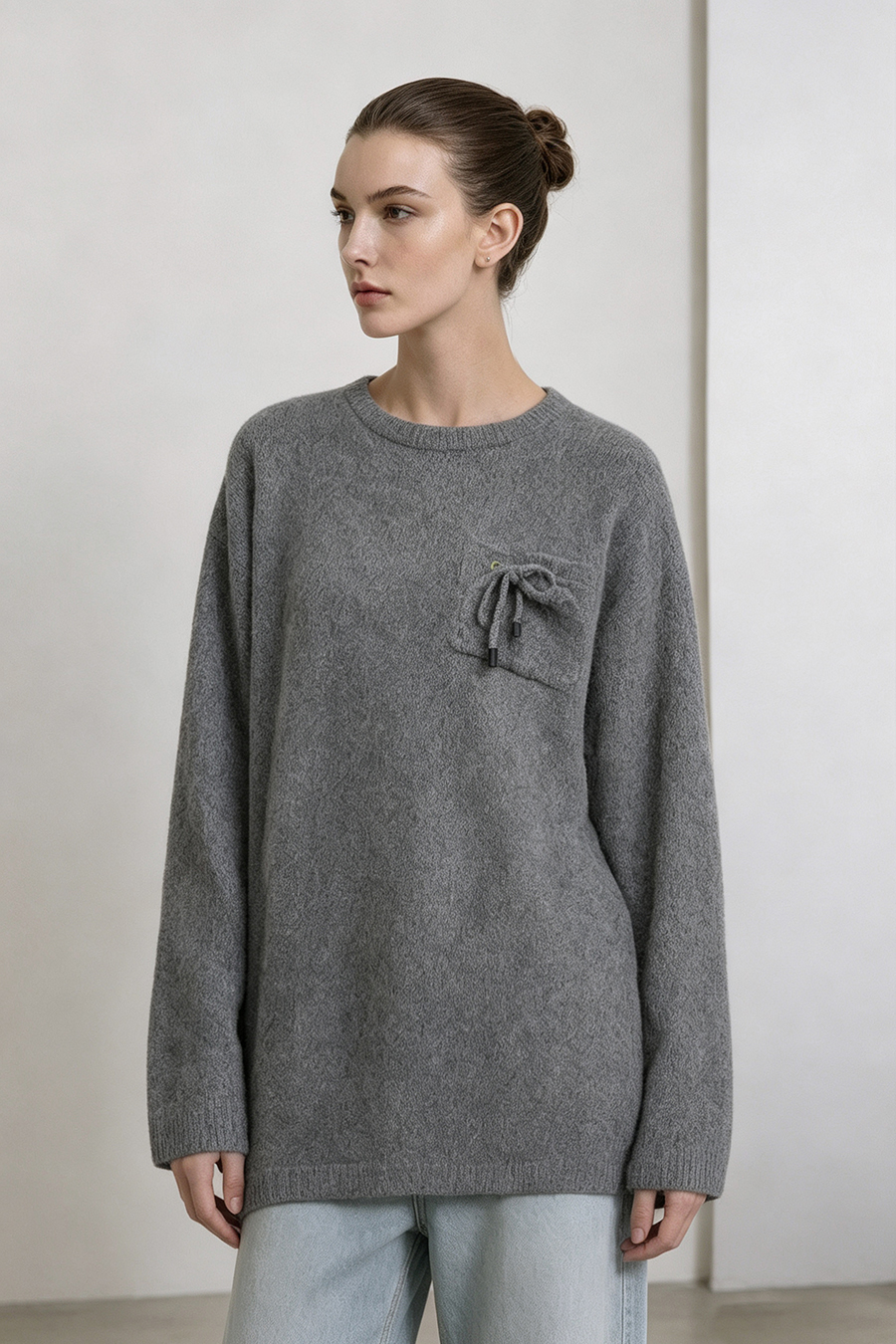 Drawstring Pocket Drop-Shoulder Knit Sweater|AMII