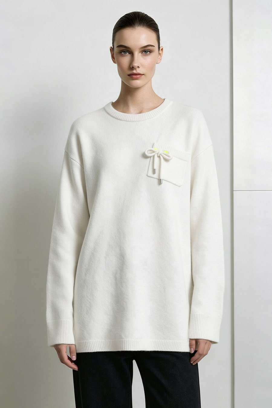 Drawstring Pocket Drop-Shoulder Knit Sweater|AMII