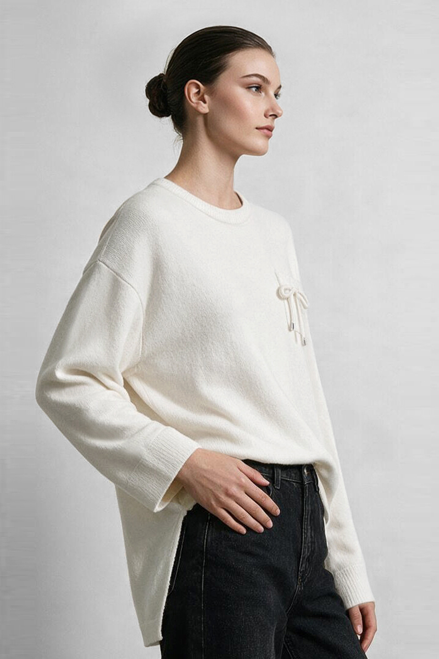 Drawstring Pocket Drop-Shoulder Knit Sweater|AMII