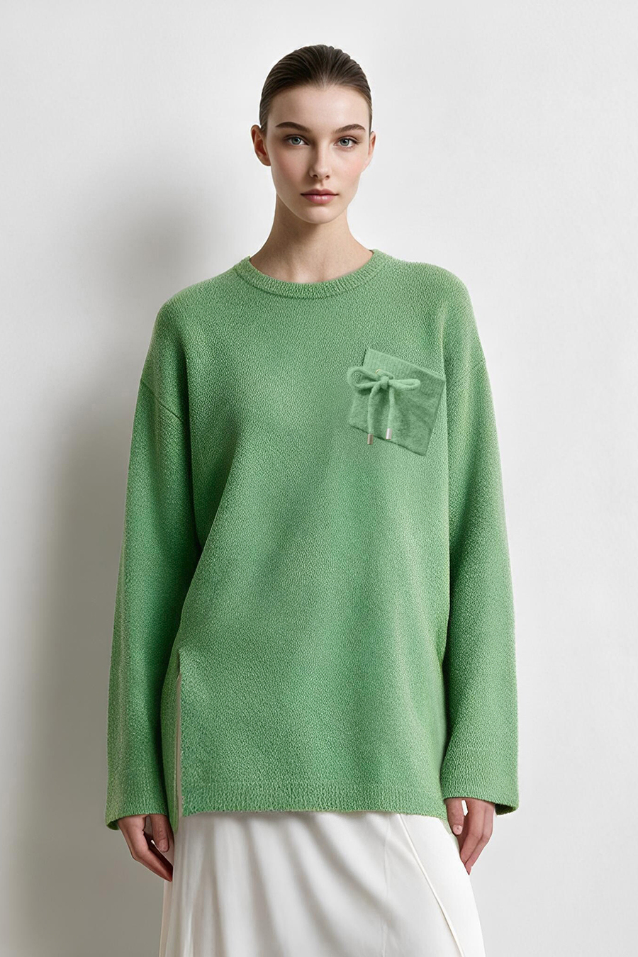 Drawstring Pocket Drop-Shoulder Knit Sweater|AMII