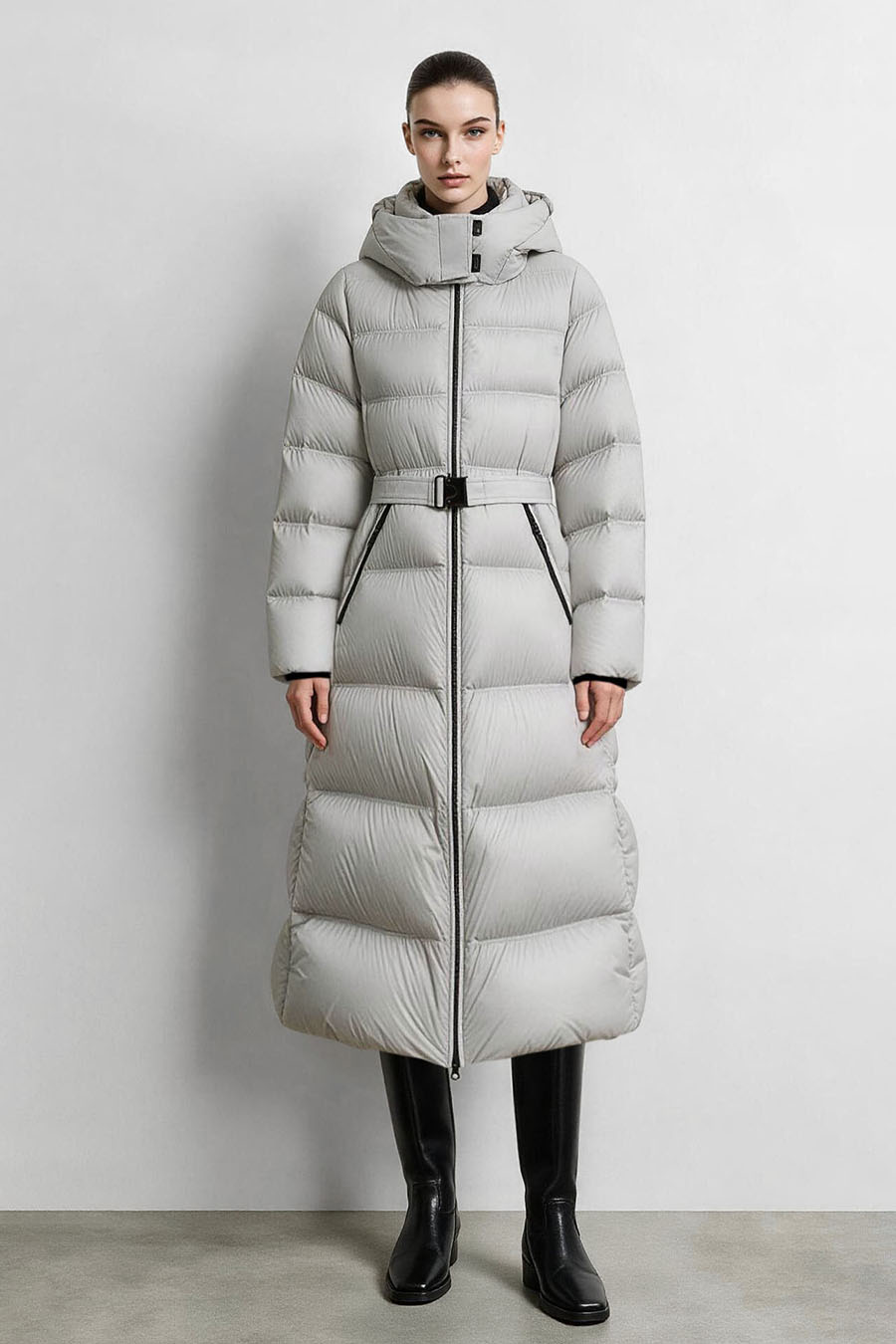 Hooded Belted Down Jacket|AMII