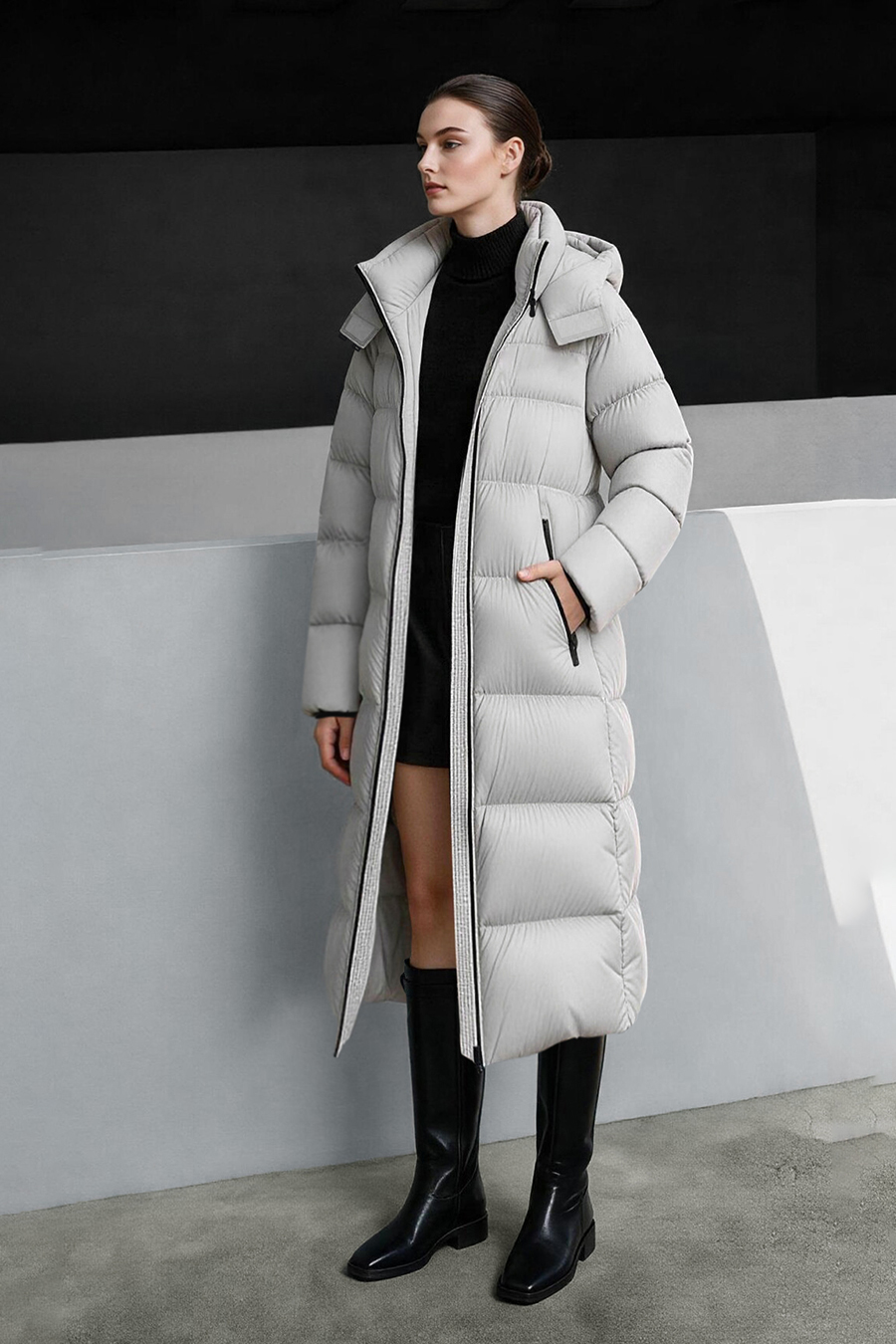 Hooded Belted Down Jacket|AMII