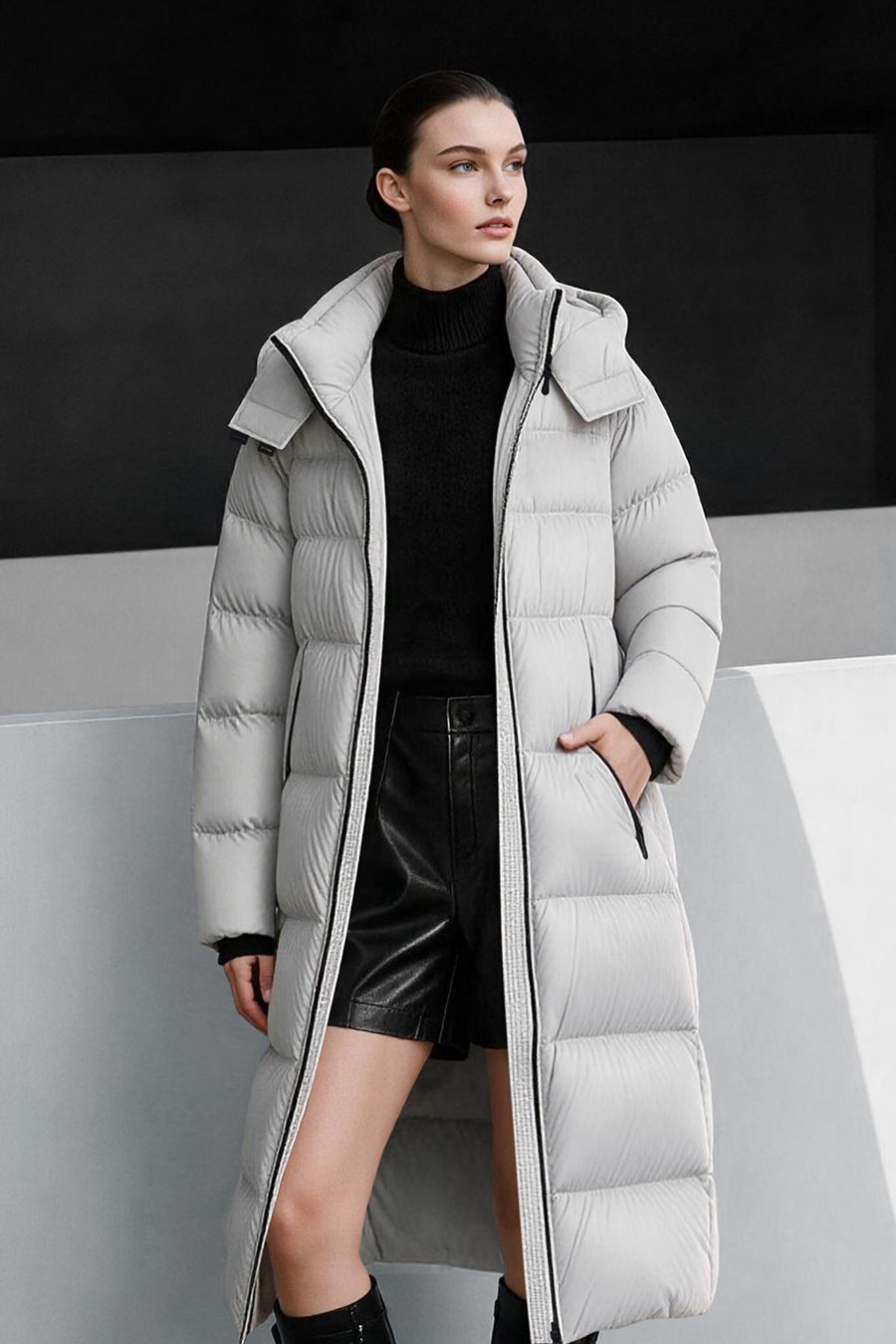 Hooded Belted Down Jacket|AMII