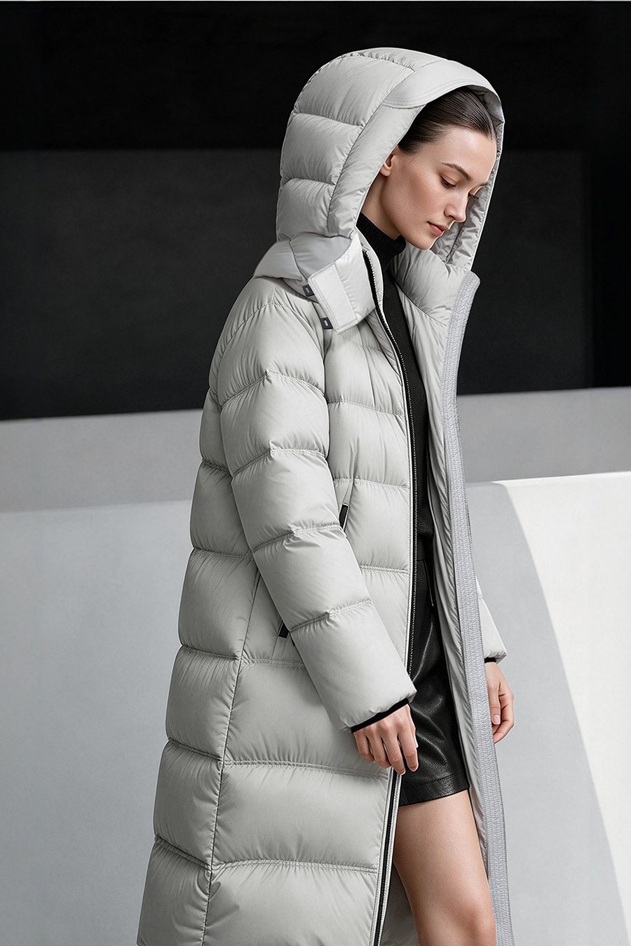 Hooded Belted Down Jacket|AMII
