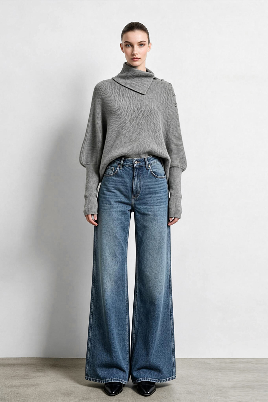 Relaxed Slanted Turtleneck Knit Sweater|AMII