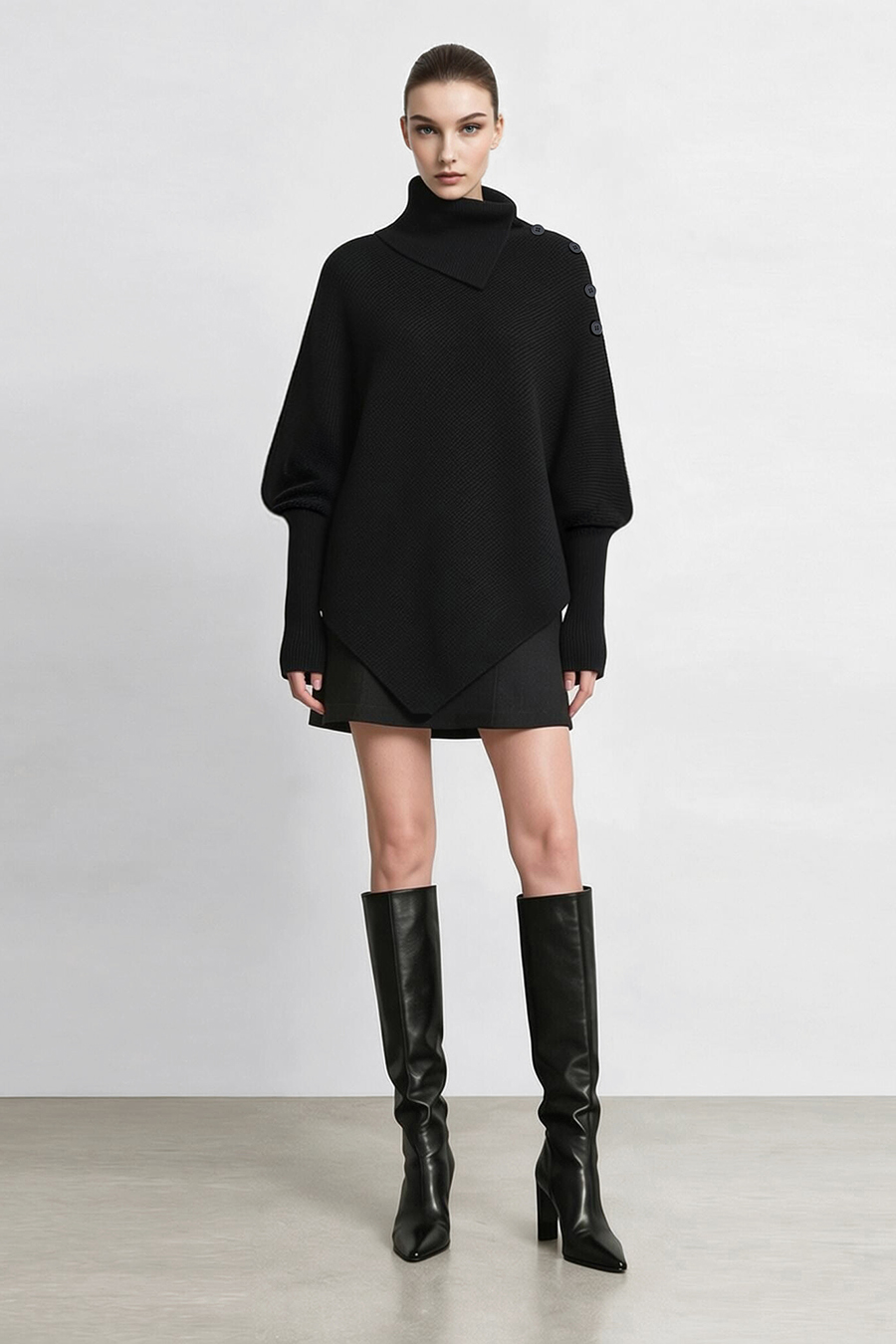 Relaxed Slanted Turtleneck Knit Sweater|AMII
