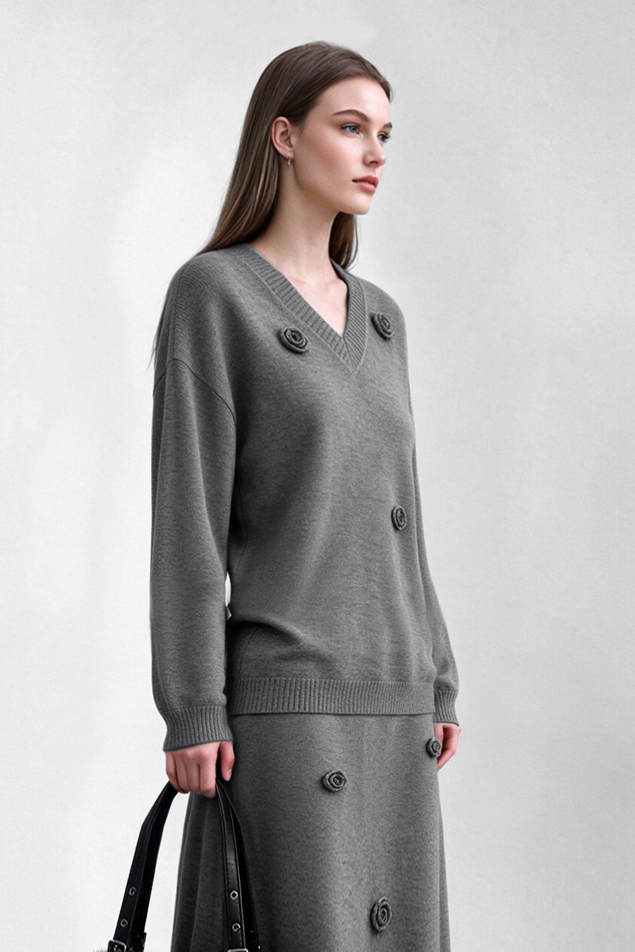 V-Neck Drop-Shoulder Crochet Sweater|AMII