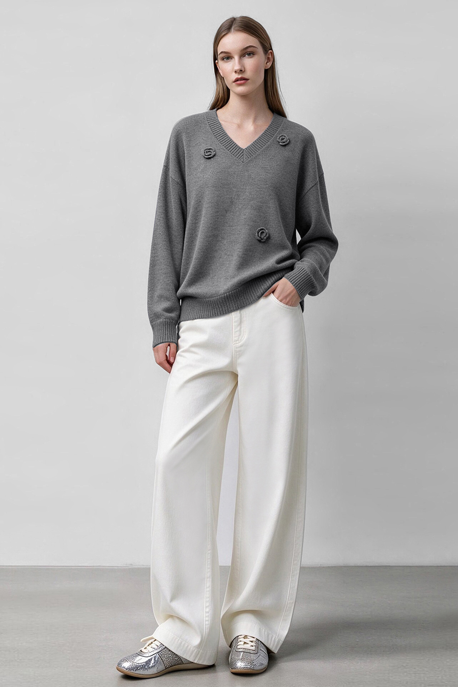 V-Neck Drop-Shoulder Crochet Sweater|AMII