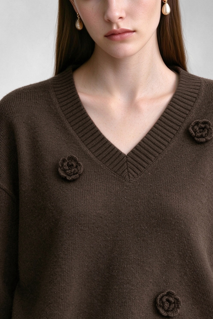 V-Neck Drop-Shoulder Crochet Sweater|AMII