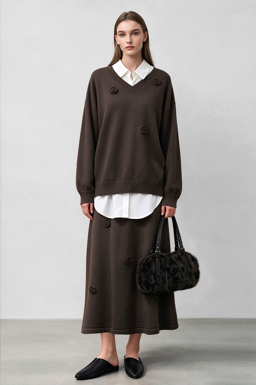 V-Neck Drop-Shoulder Crochet Sweater|AMII