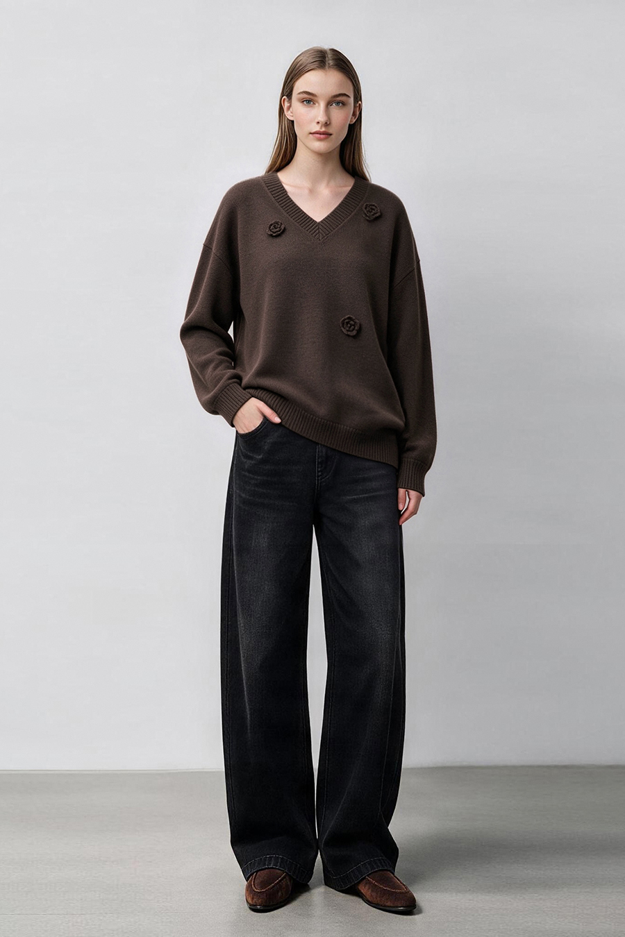 V-Neck Drop-Shoulder Crochet Sweater|AMII